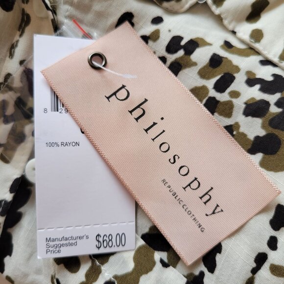 Philosophy S Abstract Jungle Dot Rayon Button Up Shirt Frayed Hem Crop Top - Picture 8 of 8